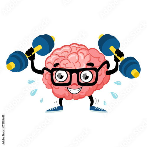 Train brain. Cute cartoon brain. Flat fun illustration character. Smart,brain fitness concept. Train lifts with dumbbell. Fitness cartoon brain concept. Doodle style. Vector illustration