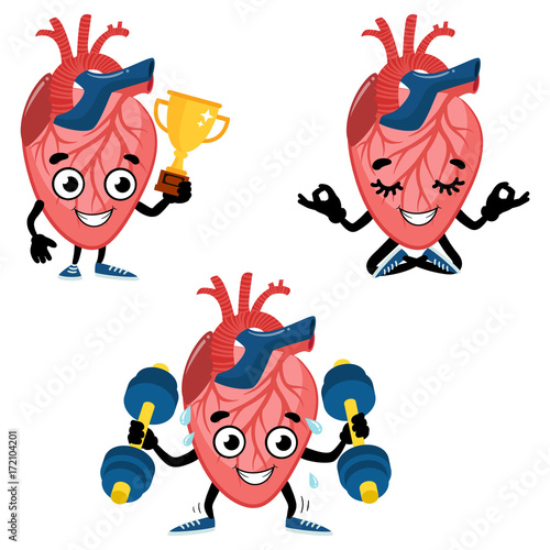 Set of cute cartoon heart. Cartoon characters mascot of the heart, heart with gold cup and heart meditating in yoga pose.Vector illustration isolated on background