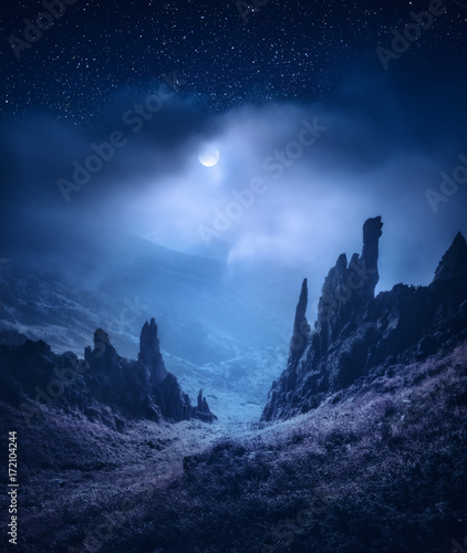 A great view of mountain canyon glowing by moonlight © Bashkatov