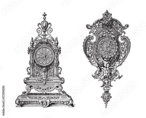 Set of old antique clocks - vintage illustration