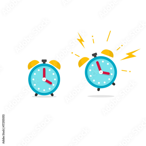 Alarm clock icon vector illustration, flat cartoon ringing retro alarm with time of wake up isolated on white background