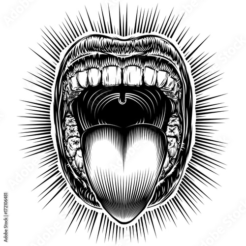 Open mouth with teeth and sticking tongue out. Screaming shouting yawning mouth with jaw drop. Vector illustration in vintage ink hand drawing black and white retro style for stamp, tattoo, print.