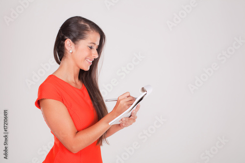 young woman with notebook on white VI