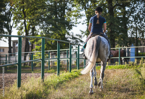 Woman riding a horse on paddock, horsewoman sport wear © leszekglasner