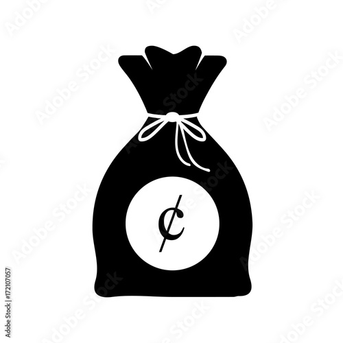 Bag of money with  cent logo in black and white icon, Cent Currency sign isolated on white background