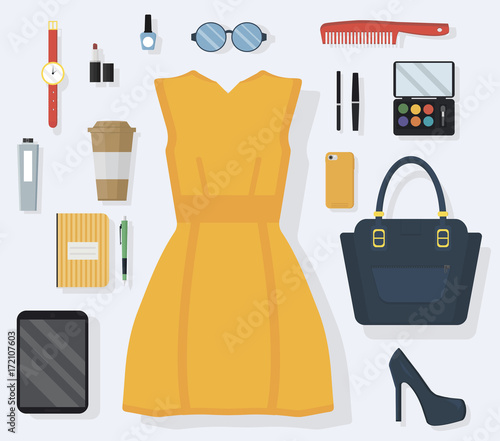 Stylish concept of every day carry and outfit accessories for women in flat style. Vector illustration.