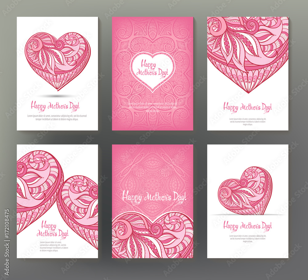 Set of 6 postcard or banner for Happy mother's Day with Love hea