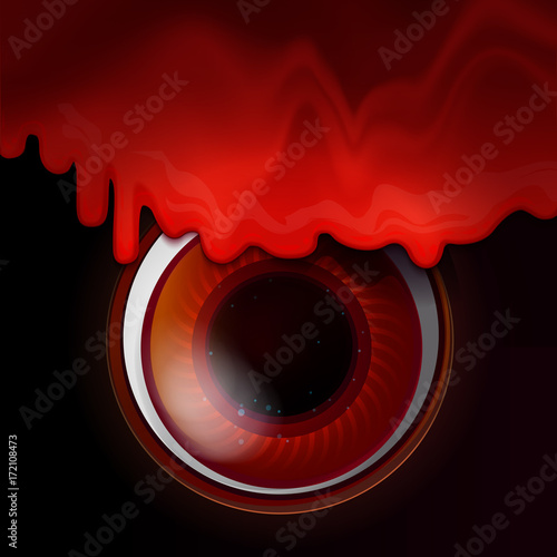 Melted Bloody color sirup from top. Big Red eye on dark background. Vector illustrtaion for Halloween holidays design. Evil see concept
