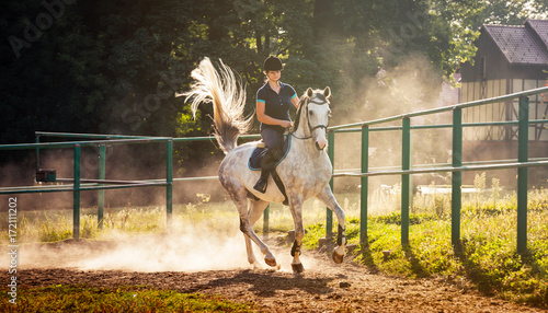 Vászonkép Woman riding a horse in dust on paddock