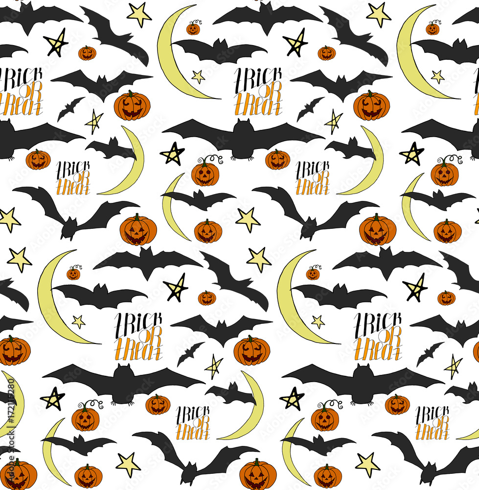 Halloween seamless pattern design with pumpkin, bat, moon, lettering, star, trick or treat.