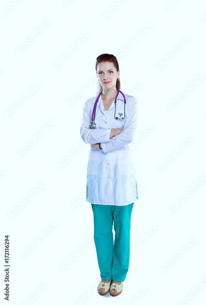 Smiling female doctor with a folder in uniform standing at hospital Smiling female doctor with a folder in uniform standing at hospital
