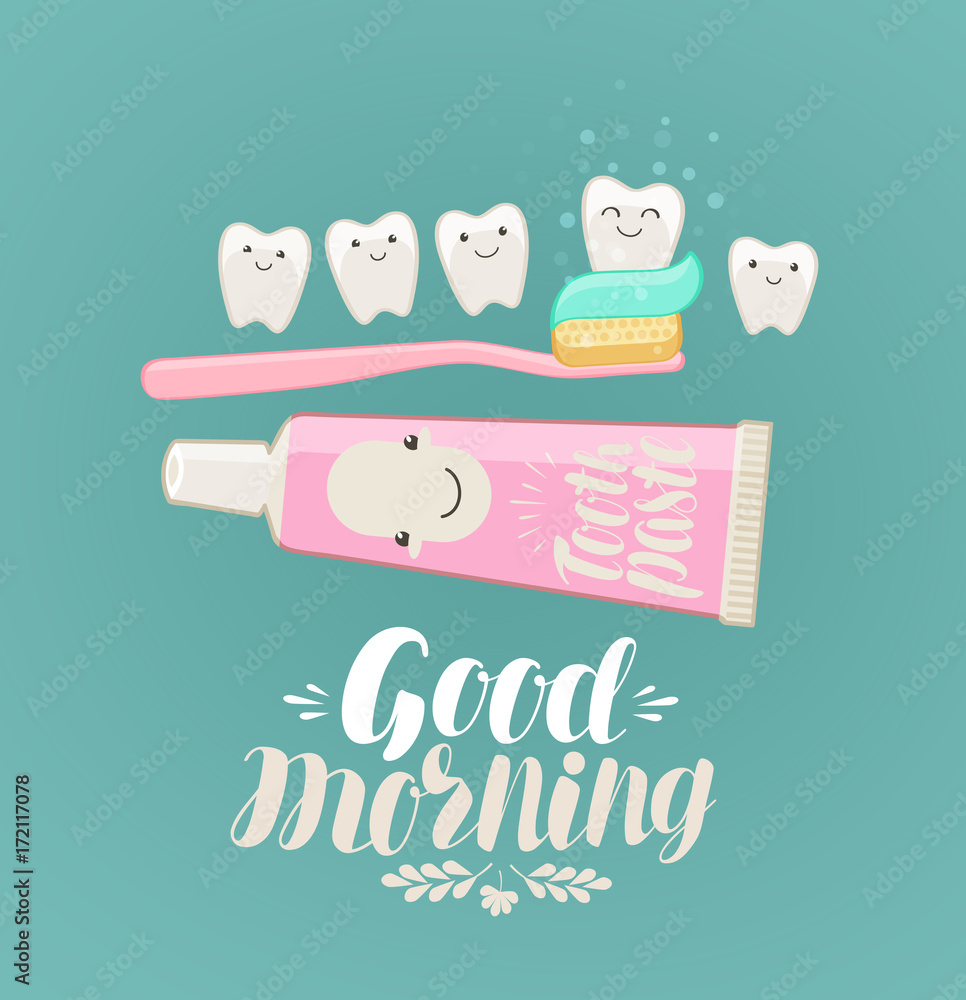Good morning banner. Brushing Teeth, hygiene, toothpaste, toothbrush concept. Cartoon vector illustration Good morning banner. Brushing Teeth, hygiene, toothpaste, toothbrush concept. Cartoon vector illustration