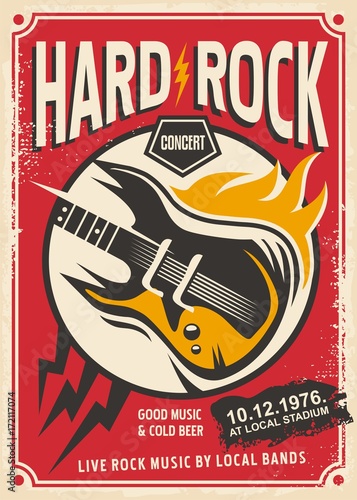 Plakat Muzyka rockowa koncert retro broszury z gitara elektryczna i płomień