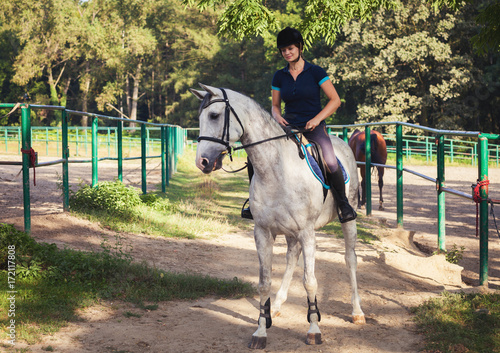Rider woman in horse riding school. Jockey and horses
