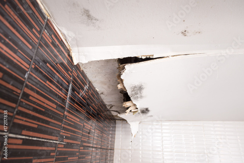 Damaged ceiling from water leak in rainy season