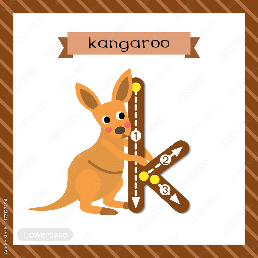 Letter K lowercase cute children colorful zoo and animals ABC alphabet  tracing flashcard of Kangaroo for kids learning English vocabulary and  handwriting vector illustration. Stock Vector | Adobe Stock