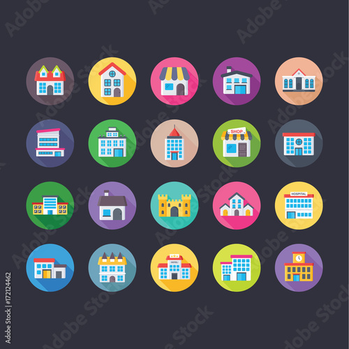 Buildings Flat Colored Icons Set 9
