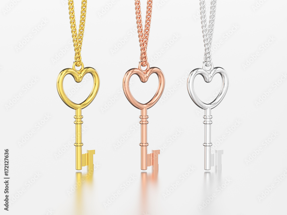 3D illustration three yellow, rose and white gold decorative keys in the form of a heart necklace on chain with reflection and shadow 3D illustration three yellow, rose and white gold decorative keys in the form of a heart necklace on chain with reflection and shadow