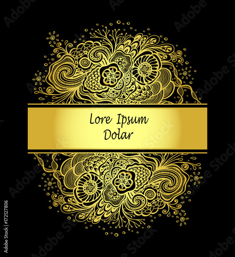 Template with abstract marine flowers bouquet in gold on black for decoration  package of perfume cosmetic shampoo soap or for advertising other things  