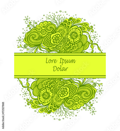 Template with abstract marine flowers bouquet in green yellow on white for decoration  package of perfume cosmetic shampoo soap or for advertising hygiene products purity  freshness 