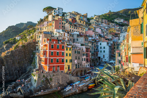 RIOMAGGIORE, ITALY, JULY 31, 2017 - Panoramic view of Riomaggiore, 5 Terre, La Spezia province, Ligurian coast, Italy.