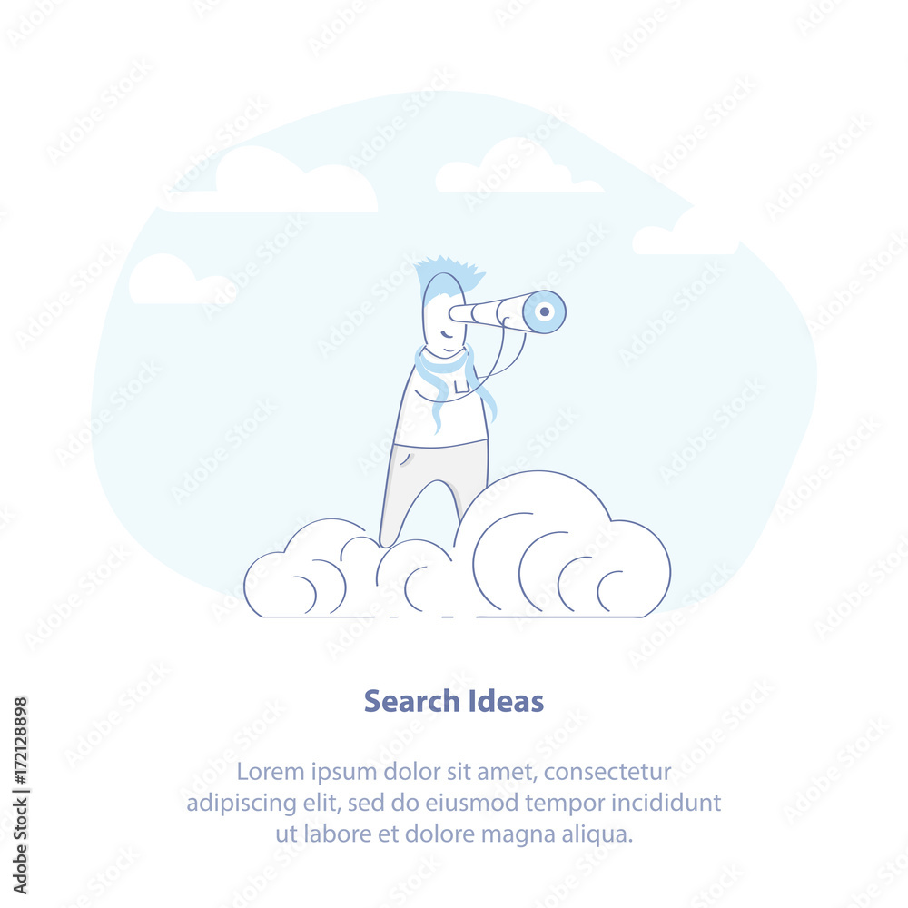 Obraz premium Search for ideas outline infographic illustration. Symbol of Solution, Idea Search, Research. Researcher with a telescope on the cloud. Modern isolated vector icon.