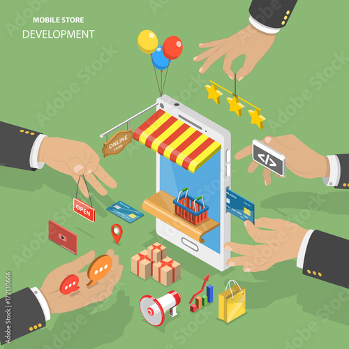 Mobile store development flat isometric low poly vector concept.