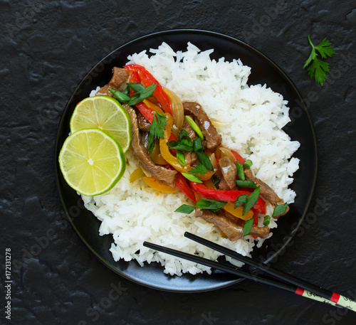 Stir fry with sage and pepper, with rice.