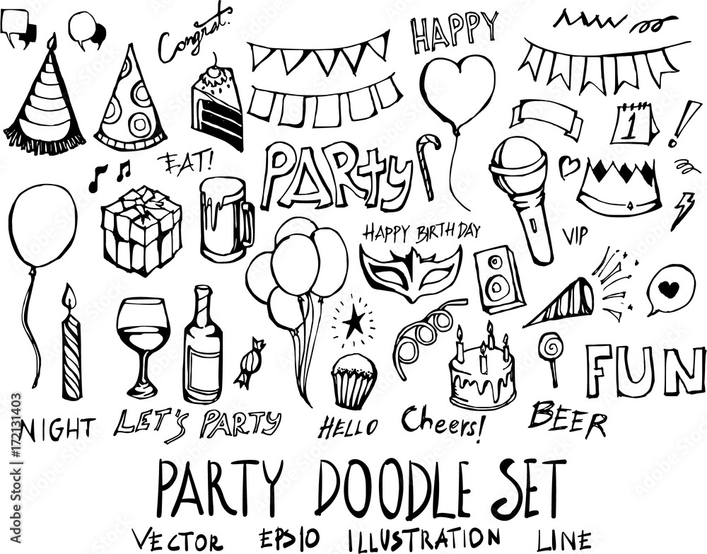 Set of Party doodle illustration Hand drawn Sketch line vector eps10 - obrazy, fototapety, plakaty 
