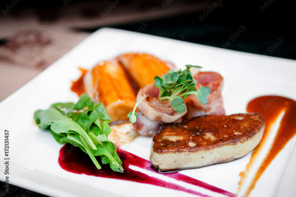 Foie Gras with bacon cranberry sauce and caramelized banana