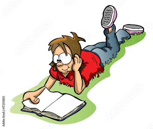 happy young person reading a book lying on the grass