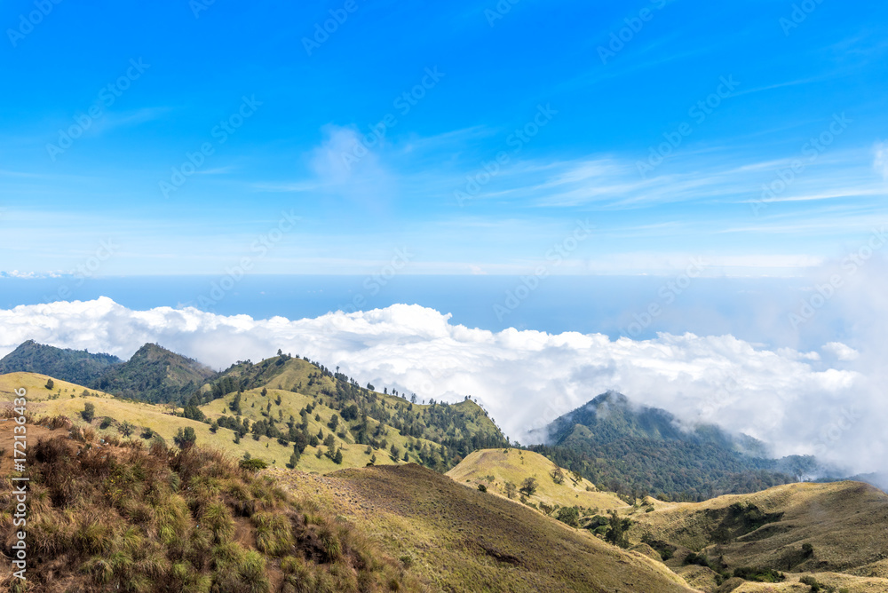 Above the cloud landscape of mountain valley. Mount Rinjani. Lombok island, Indonesia.
