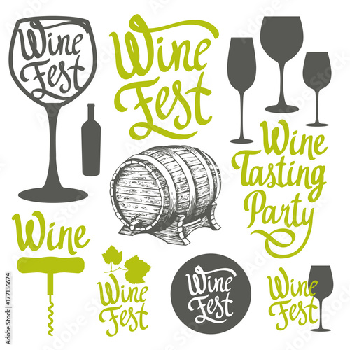 Vector illustration with labels, bottle, glass, corkscrew, cask in sketch style. Alcoholic beverages set. Wine festival. Brush calligraphy illustrations for your design. Handwritten ink lettering.