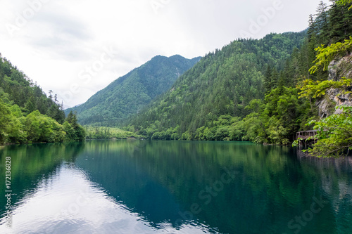 Panda lake  beautiful multicolored scenic point in Jiuzhaigou.