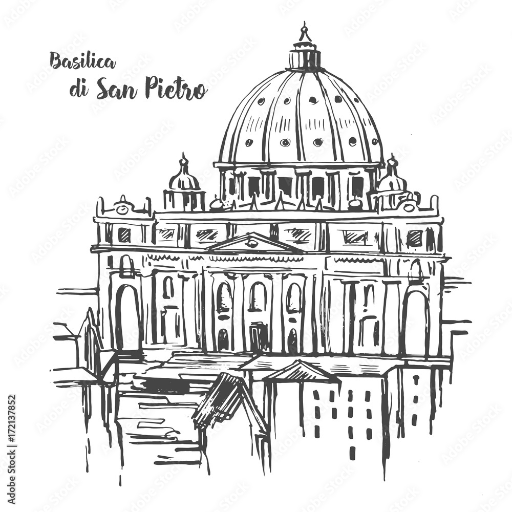 St. Peter's Cathedral, Rome, Italy. Hand drawn vector illustration on white background. Saint Pietro Basilica.