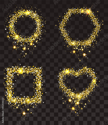 Gold stars on transparent background. Set of frame of gold stars: rectangle, heart shape, circle, hexagon