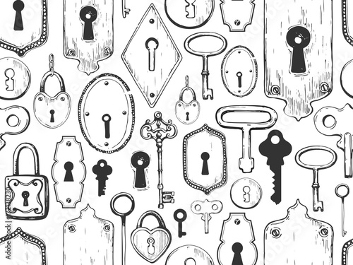 Seamless pattern. Vector set of hand-drawn antique keys, keyholes and locks. Illustration in sketch style on white background. Old design.