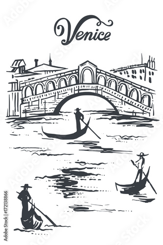 Ink drawing of The Bridge of Rialto, Venezia, Italy vector sketch illustration Venice