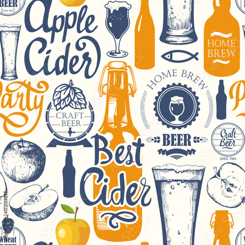 Pattern with beer, cider and apple in sketch style. Seamless background for Pub menu. Vector illustration: labels, bottle, glass brush calligraphy elements. Handwritten ink lettering.