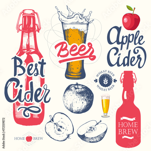 Beer and cider set in sketch style. Vector Illustration with multicolor pub logo, labels. Different types of snack, drinks for your packing design. Home brewery.