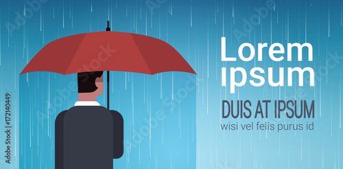 Business Man Holding Umbrella Unger Huge Rain Background Back Rear View Protection Concept Vector Illustration