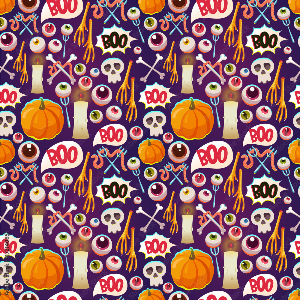 Seamless halloween pattern. Funny background with scary objects. Vector set with eyes, candle, skull, pumpkin, chicken feet, worm, bones in cartoon style.