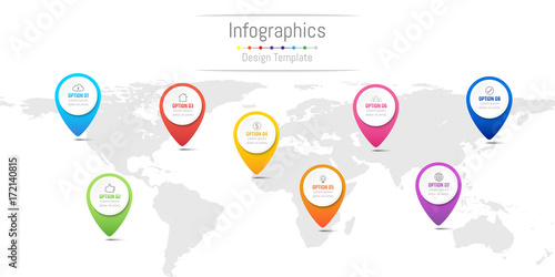 Infographic design elements for your business data with 8 options, parts, steps, timelines or processes, navigation pin concept. Vector Illustration. World map of this image furnished by NASA