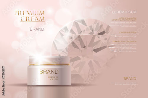 3d realistic vector background cosmetic ads. Premium hydrating facial cream container mockup isolated delicate rose beige. Skin care with diamond precious powder gemstone gem.