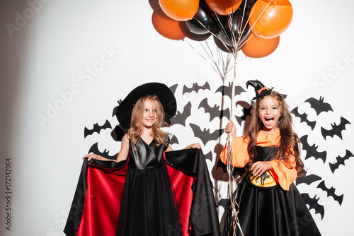 Couple of two cute little girls dressed in halloween costumes