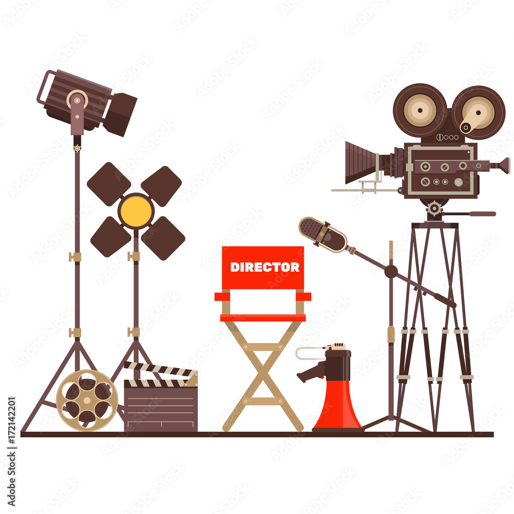 Obraz premium Film directors workplace Chair, Megaphone,Searchlight and clapboard. Work on the set of the film. Flat vector cartoon illustration.