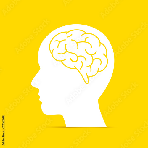 Silhouette head with the brain on the yellow background. Vector illustration