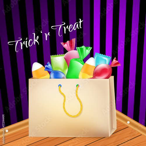 Trick-or-treat. Paper Bag full of goodies, sweets and candies. Walls and floor as background. Halloween vector poster.