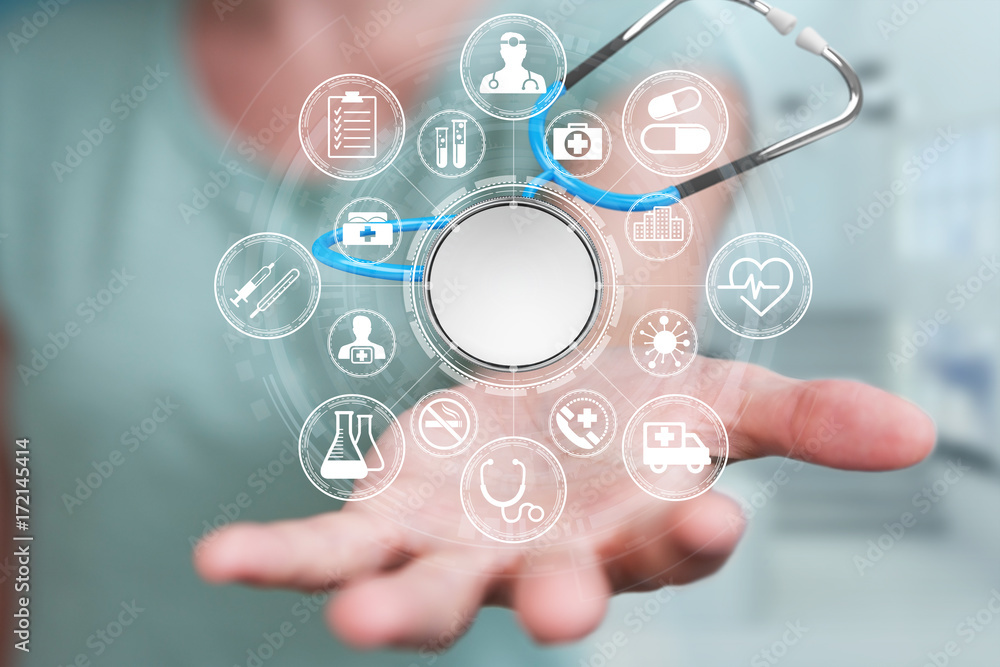 Businesswoman holding and touching floating stethoscope 3D rendering Businesswoman holding and touching floating stethoscope 3D rendering