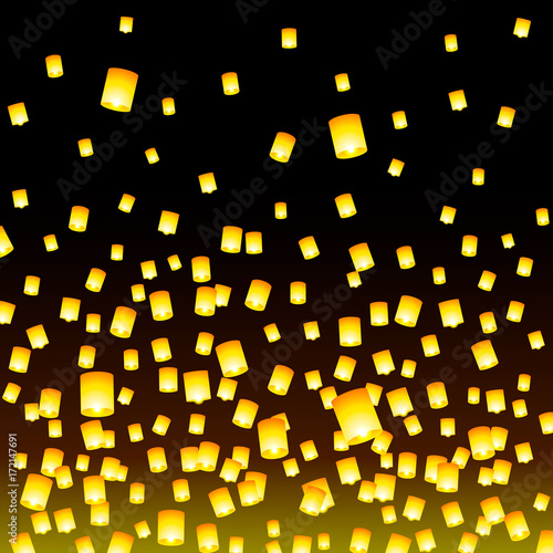 Flying lanterns launched at night. Vector illustration